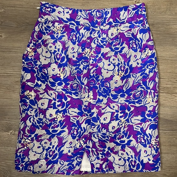 Anthropologie Fei 100% Silk Purple/Blue Floral Pencil Skirt Size 2 - Picture 11 of 12